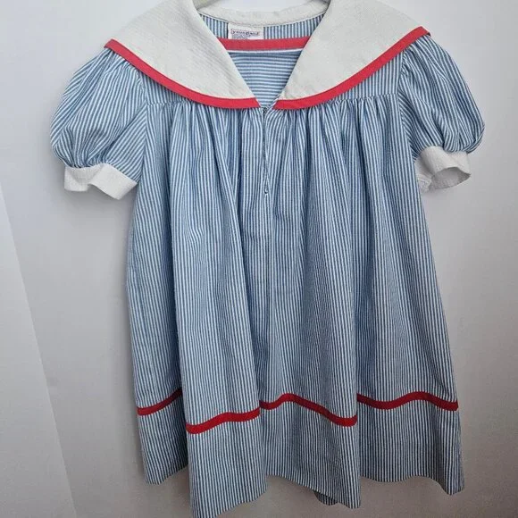 VTG Youngland Nautical Sailor Seersucker Dress Blue & White with Red Trim