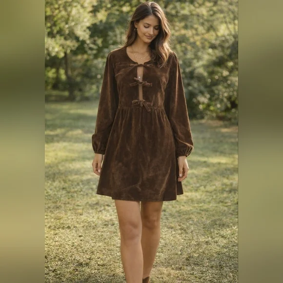 Aeron & Amber Brown Velvet Mini Dress Bow Tie Front Cottagecore Boho S