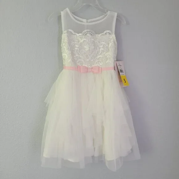 Jona Michelle Girls Ivory Tulle Party Dress with Pink Bow Size 5 – NWT