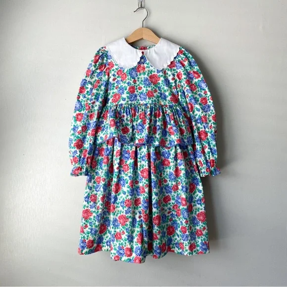 Vintage Floral Print Scallop Peter Pan Collar Cotton Flannel Long Sleeve Dress 6