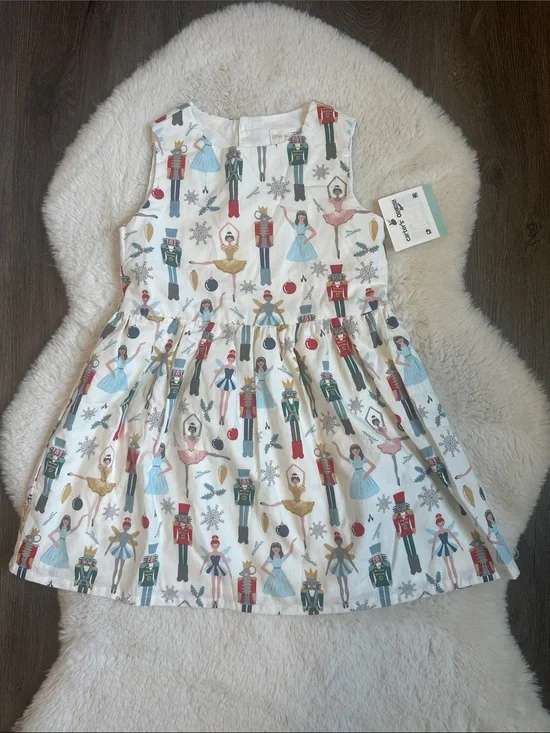 Holiday Nutcracker Print Girls Dress - White with Red, Blue, Gold 4T
