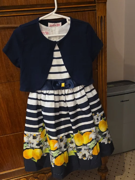 Jessica‎ Ann Navy, White & Yellow Striped Lemon Border Dress with Navy Bolero