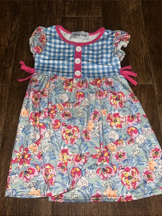 Girls Blue Gingham & Pink Floral Dress