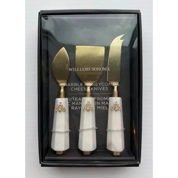 Williams Sonoma Marble Honeycomb Cheese Knife Set of 3 Gold Bee