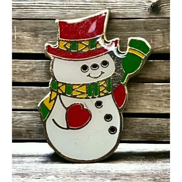 Vintage Christmas Pin Snowman Brooch Enamel Red Hat Gold Tone