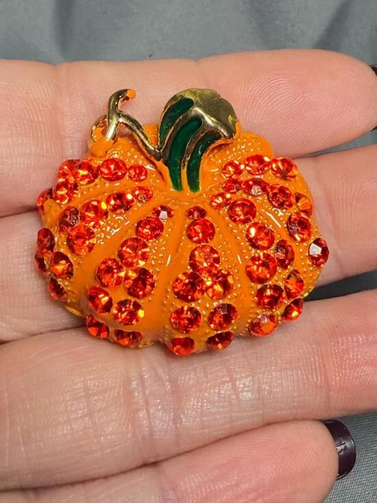 Rhinestone Pumpkin Brooch Orange Enamel Fall Pin Green Stem 1.25