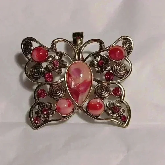 Vintage RMN Butterfly Floral Pendant Pink Silver Trim 2