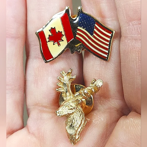 Pair of Canadian Bull Elk & Canada/USA Friendship Flags Lapel Pins