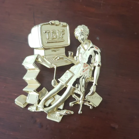 Vintage AJC TGIF Office Gold Tone Brooch
