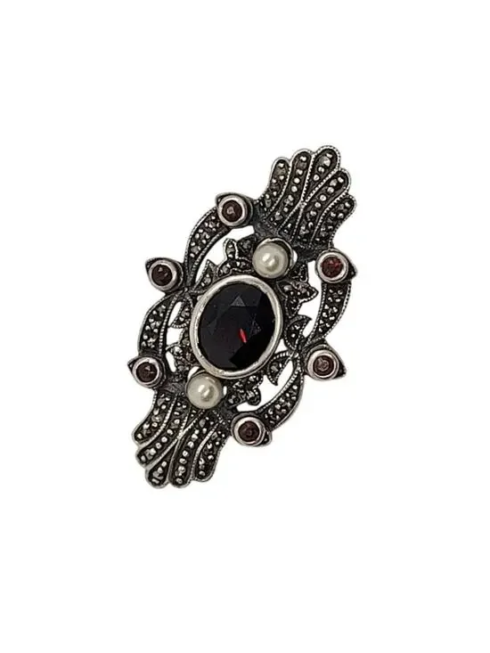 Vintage Sterling Silver Marcasite Pearl Brooch Coquette Art Deco Pin