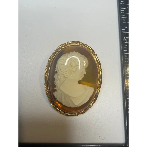 Vintage Gold Tone Amber Resin Cameo Brooch Pendant Left Facing Female Profile