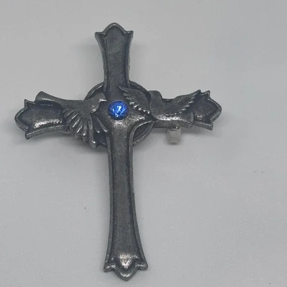 Boehm Cross Brooch‎ Pewter Tone Blue Rhinestone Vintage Signed