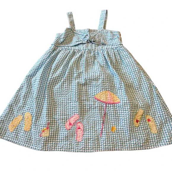 B.T. Kids Seersucker Beach Dress Blue Gingham Embroidered Flip Flops Size 4