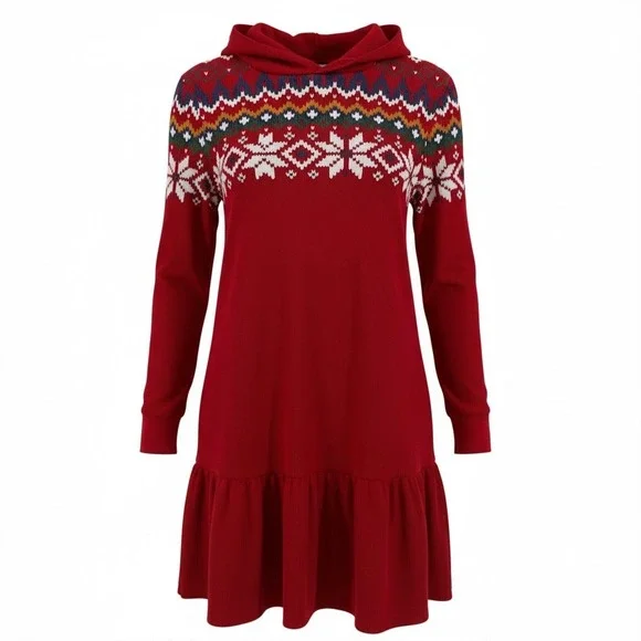 Polo Ralph Lauren Girls Red Fair Isle Snowflake Waffle Knit Hoodie Dress L 12-14