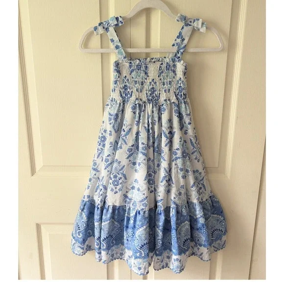 Haute Hippie Sun Dress Sz 7 Blue White Floral Paisley Smocked Tiered Boho Beach