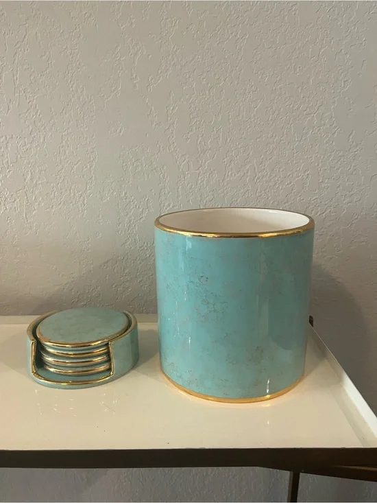 Williams Sonoma Aerin Turquoise Ice Bucket W/ 24kt Gold  Trim +Coasters