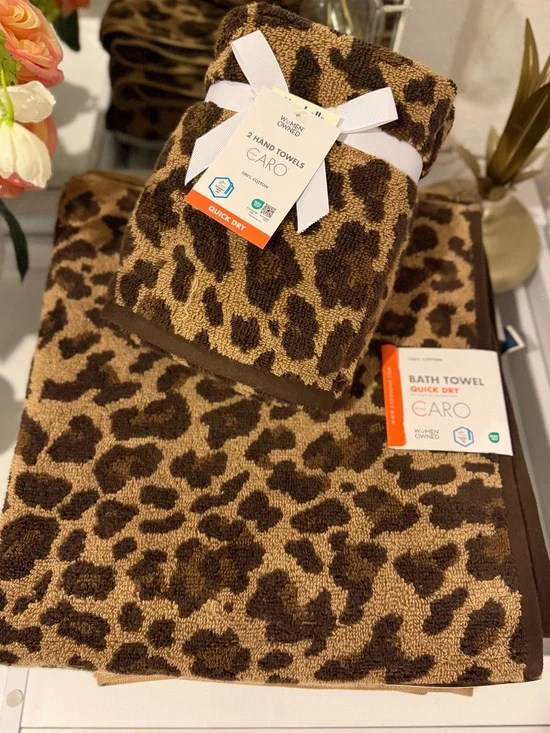 6pc Caro Gold Leopard Print Bath Hand Towel Set Luxury Soft thick Cotton NEW