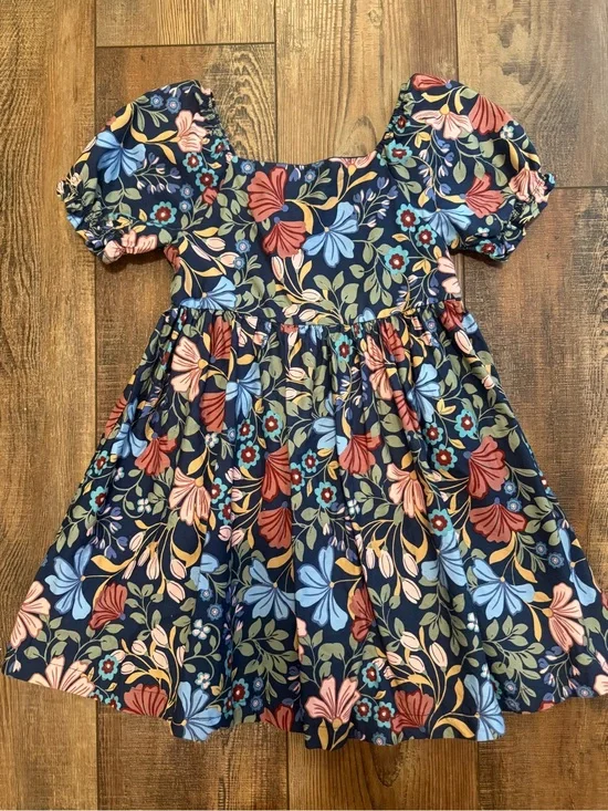 Draper James Girls Navy Floral Puff-Sleeve Twirl Dress