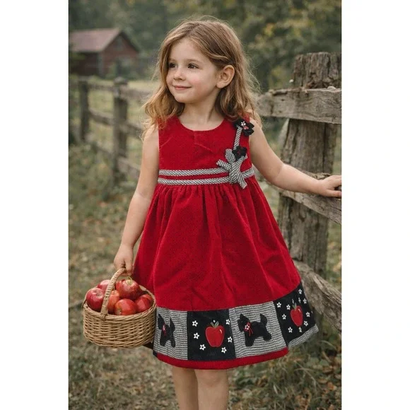 Rare Editions Dress Girls 4T Red Corduroy Polka‎ Dot Apple Scottie Dog Patchwork