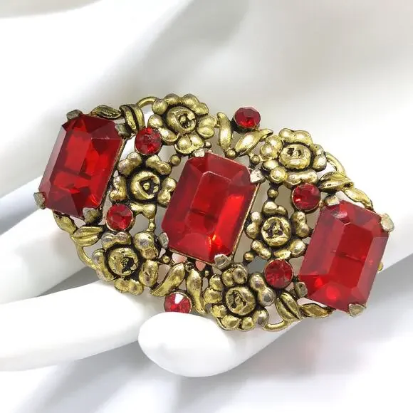 Art Nouveau Red Glass Floral Brooch, Three Red Emerald Cut Stones, 1930s Vintage