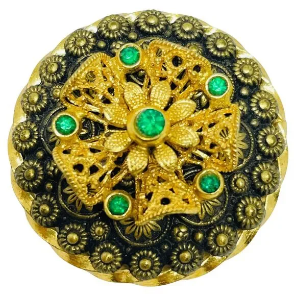 Vintage CZECHO signed gold plated emerald rhinestones brooch