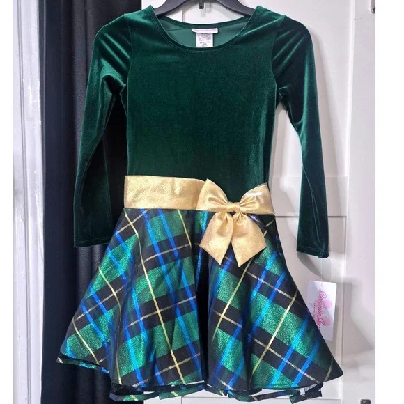 NWT Bonnie Jean Girls Green‎ Velvet Metallic Plaid Holiday Dress Gold Bow Size 8