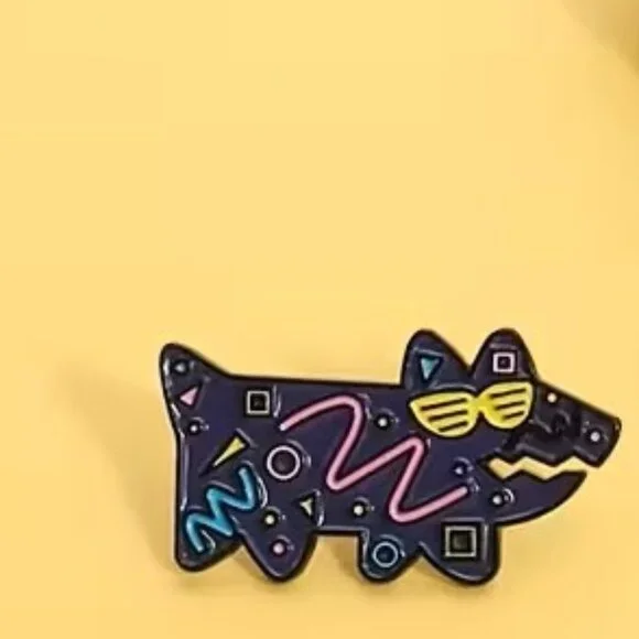 New Funky Pop Art Enamel 80's Dog Pin Purple, Pink, Blue & Yellow