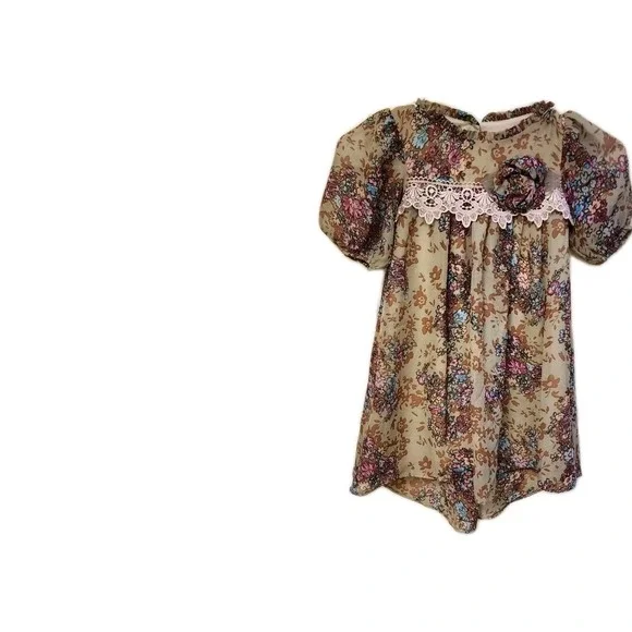 Bonnie Jean Floral Smocked Dress, Girls 5, Tan, Floral. Collared, CottageCore