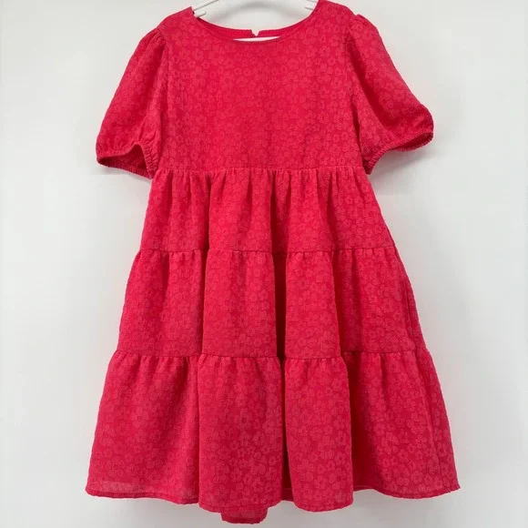 Cat & Jack Girls Coral Pink Floral Jacquard Tiered Cutout Back Dress  Sz L 10/12