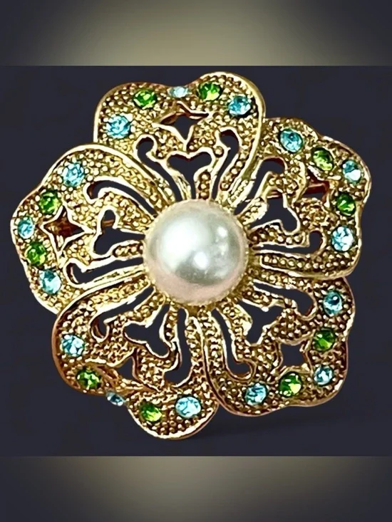 Vintage Gold Tone Floral Brooch Pearl Center Rhinestone Green Blue Flower Pin