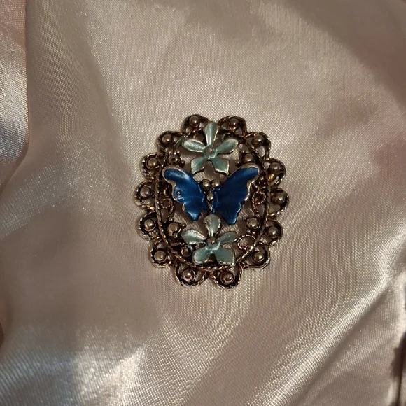 Charming Blue and Gold Floral Butterfly Brooch