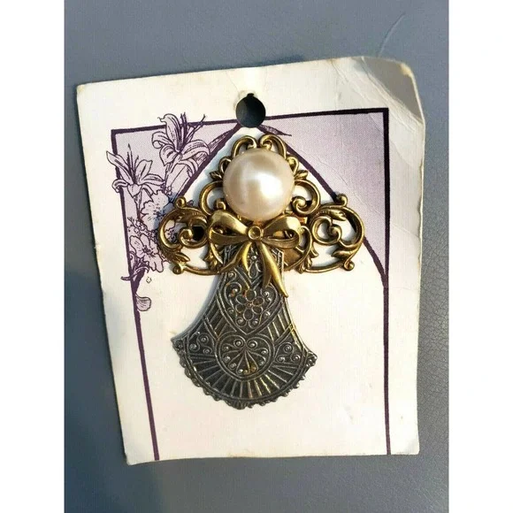 Guardian Angel Silver Gold Tone Faux Pearl Head Brooch Pin 2.5