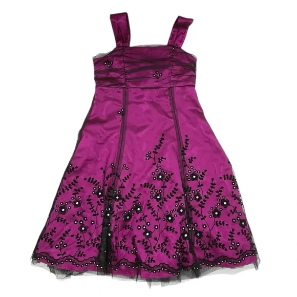 Rare Editions Girls Formal Dress Size 12 Pink Black Tulle Floral Embroidered