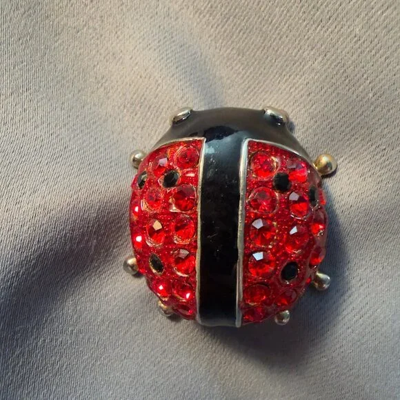 Ladybug Brooch Red Rhinestones Domed Vintage Pin 1.5