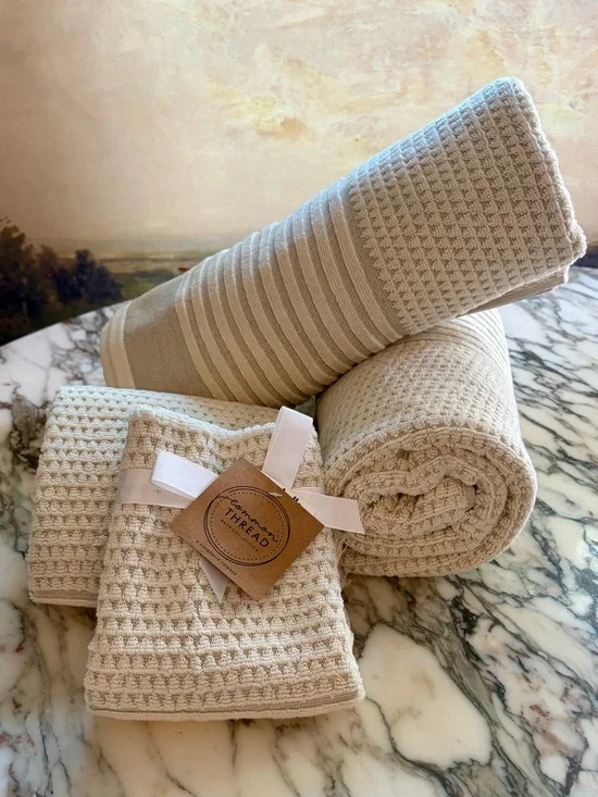 Cream and tan Waffle Weave Towel Set-New & 100% cotton