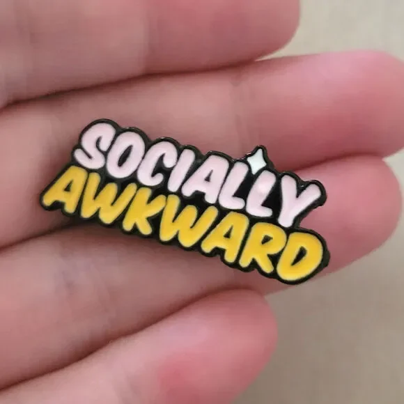 Socially Awkward funny lapel pin, pink & yellow enamel