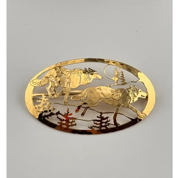 Wild Bryde Wolf Brooch Gold Tone Running Wolves Scenic Pin Vintage