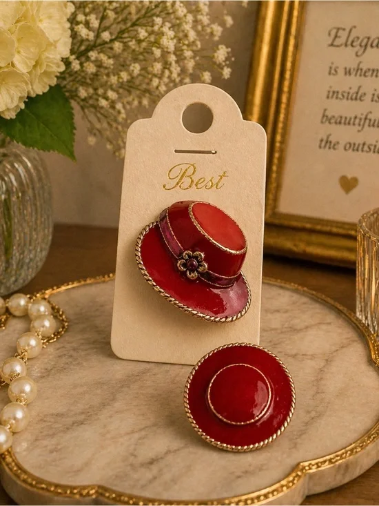 Red Enamel Hat Brooch Set - Or Pendant