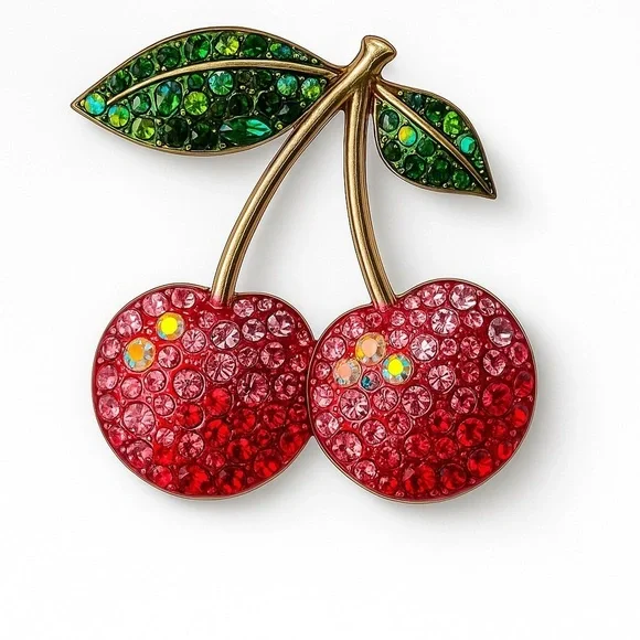 ⚜️🍒 Red Cherry Brooch with Green Leaves 🍃