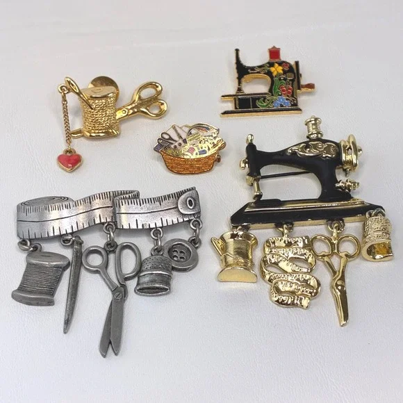 Vintage Sewing Brooch Pin Lot JJ AJC Avon Sewing Machine Scissors Thimble 5pc