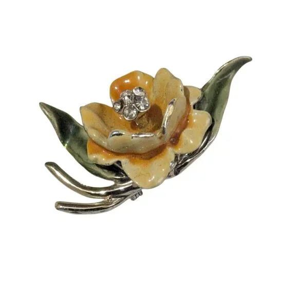 Vintage‎ Weiss Gold Tone Enamel Flower Brooch Rhinestones Green & Yellow Elegant
