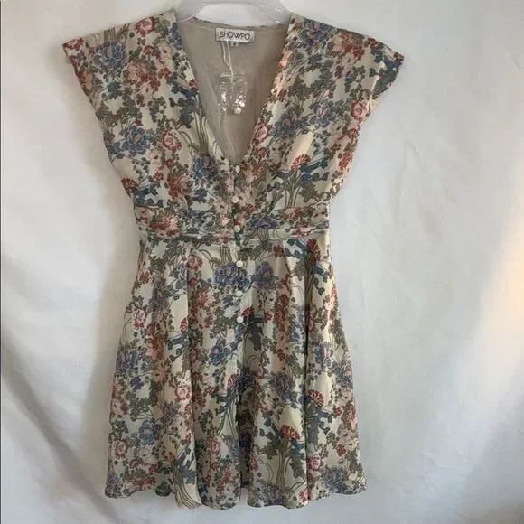 New SHOWPO beige/pastel floral print V neck sleevless circular girls dress Sz 6