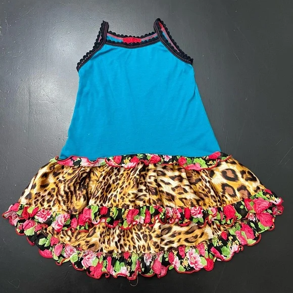 Y2K Turquoise Leopard Rose Western Coquette‎ Toddler Girl Ruffle Slip Dress Sz 2