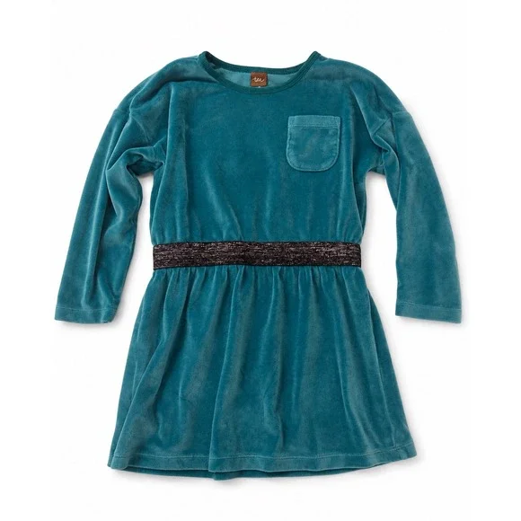 Tea Collection Girls Velour Pocket Dress Teal Blue Glitter Waist Size 4