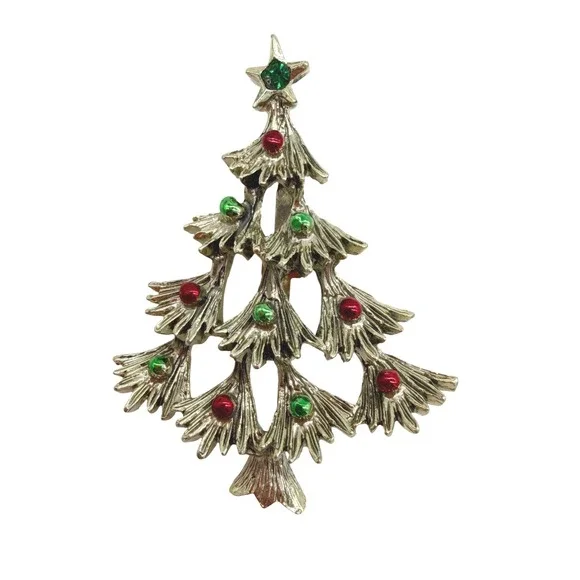 Vintage‎ Gerry's Christmas Tree Brooch Gold Tone Red Green Rhinestone Pin