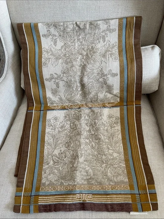 Williams Sonoma Brown Cream and Blue Striped Floral Table Runner