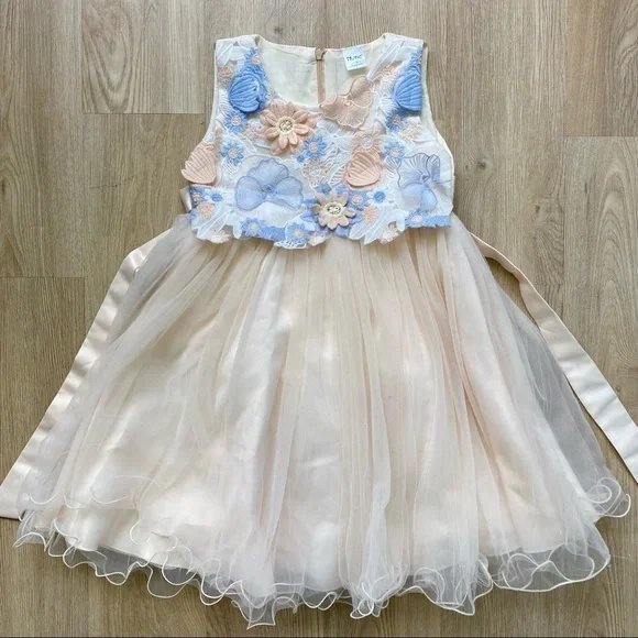 Cielarko Peach & Blue Butterfly Flower Tulle Dress, Satin Top, Size 130 (6/7 Y)