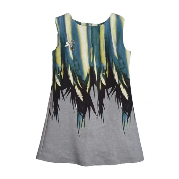 Carlucci Kids Sleeveless Feather Print Dress Girl Size 3T Gray Blue Formal Lined