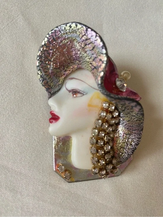 Vintage Woman w/Hat + Hanging Earrings Brooch