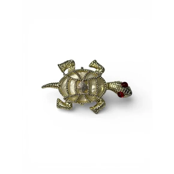 Vintage Gold Tone Red Eye‎ White Shell Turtle Tortoise Cute Brooch Pin